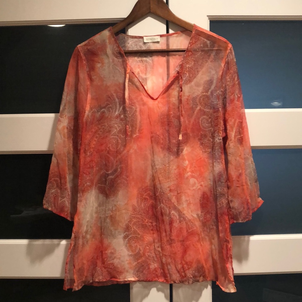 Peach/ orange 3/4 sleeve V neck  tunic, BONITA, Eur38/US8, crinkled look
